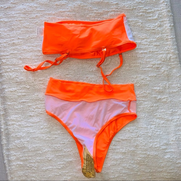Neon Orange 2 Pc Bathing Suit Bikini High Waisted Padded  Size S   NWOT - Picture 11 of 12
